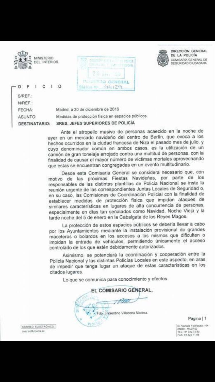 El comunicado de la Policía Nacional que recomienda la instalación de bolardos en zonas turísticas/ CG