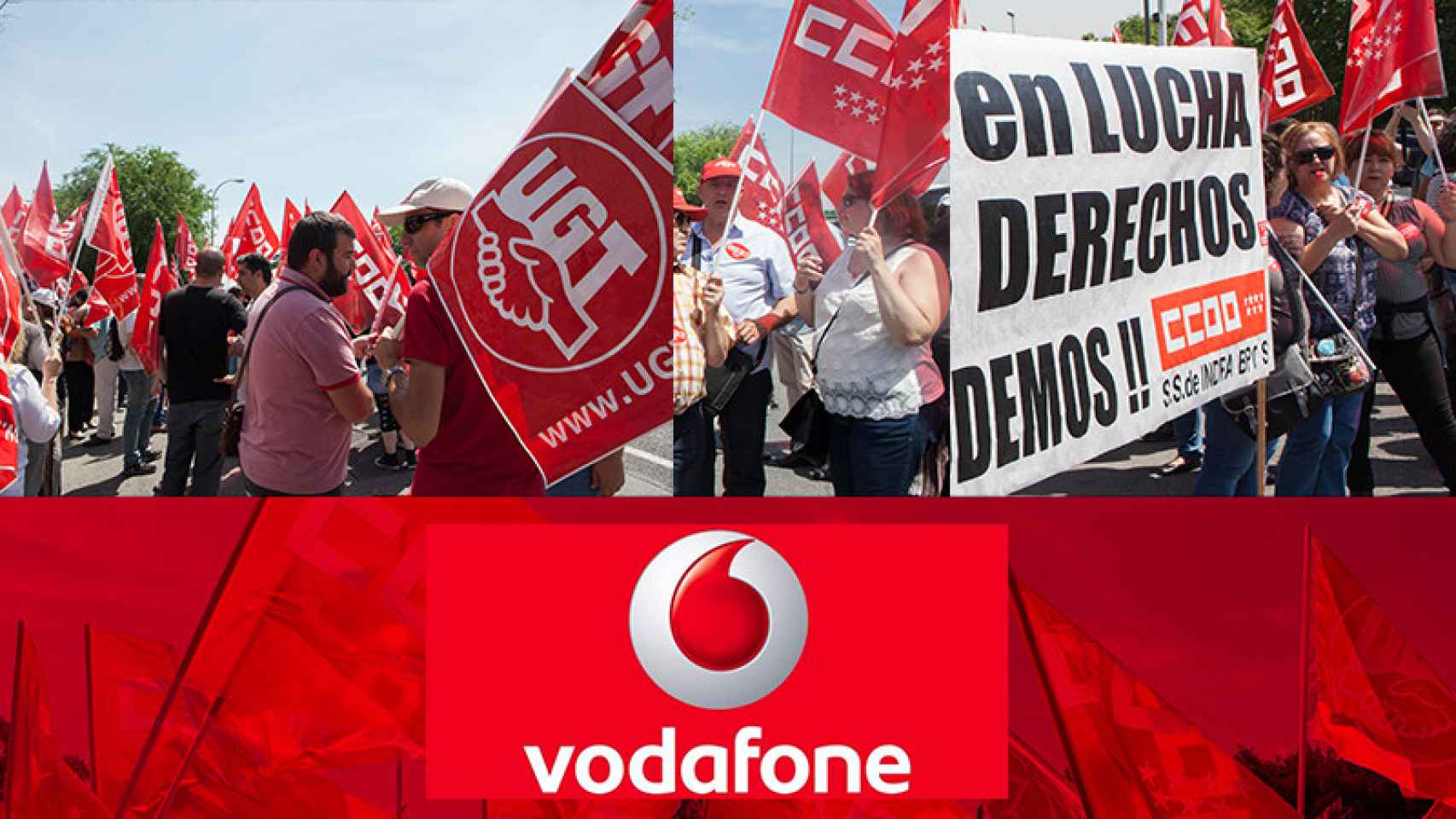 Imagen de la manifestación de los sindicatos de UGT y CCOO contra los despidos en Vodafone / FOTOMONTAJE DE CG