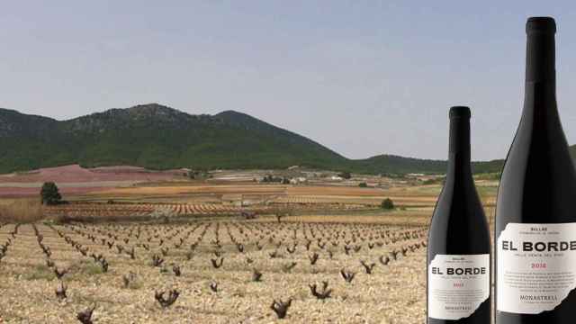 Viñedos junto a dos botellas del vino 'El Borde' / BODEGAS DEL ROSARIO DE BULLAS