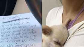 Una foto del cachorro y la carta que había junto a él en los baños del aeropuerto