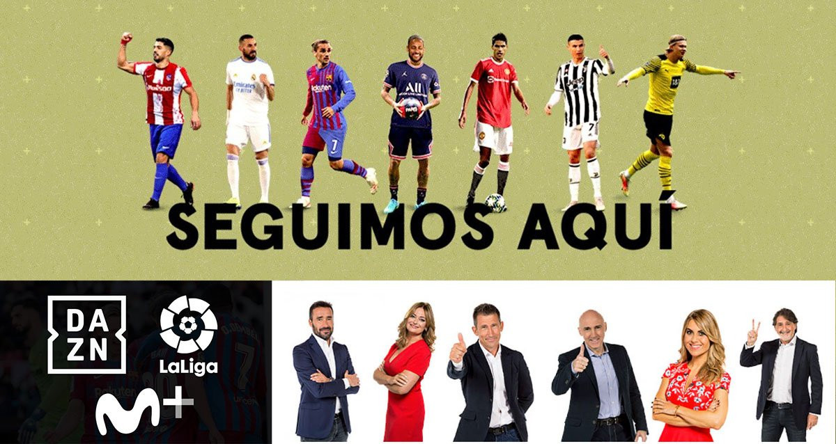 Fotomontaje con los jugadores de la Liga en un anuncio de Movistar Plus y sus presentadores junto al logo de DAZN / CULEMANIA