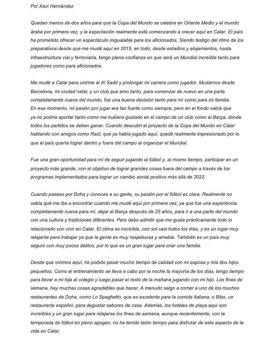 Carta de Xavi Hernández el día nacional de Qatar / Redes