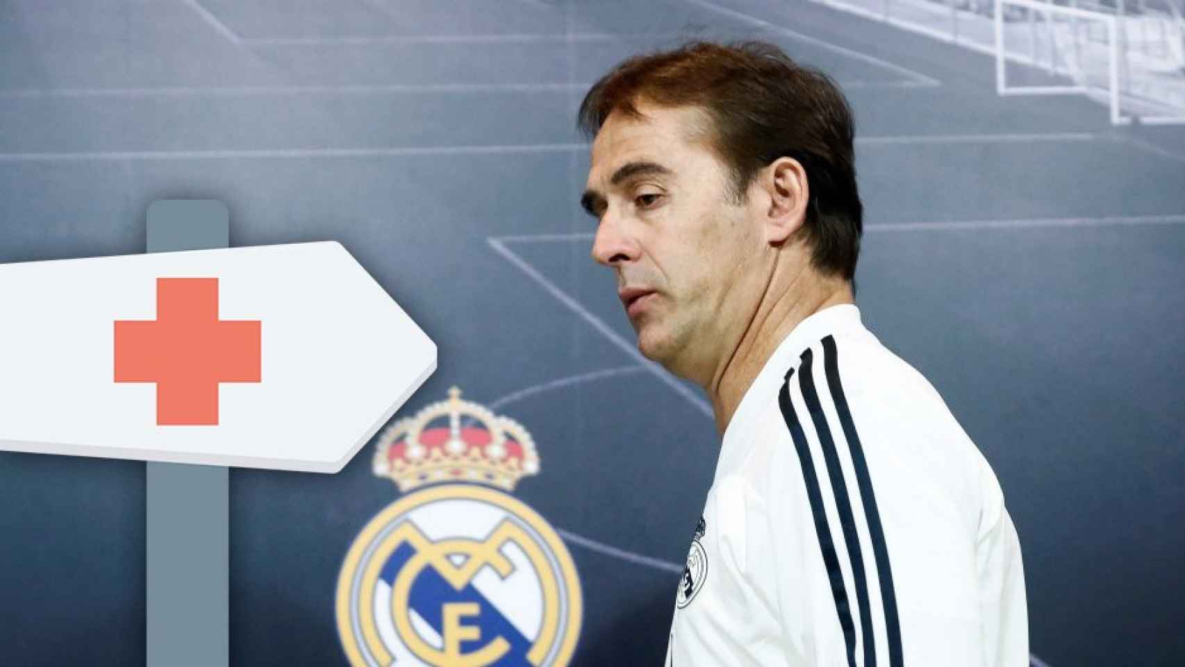 Julen Lopetegui en su etapa como técnico del Real Madrid y un letrero que señala hacia la enfermería / FOTOMONTAJE DE CULEMANÍA
