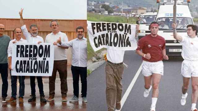 Independentistas con pancartas de 'Freedom For Catalonia', en la cárcel de Lledoners, 2021, y en 1992, para boicotear los Juegos Olímpicos / EFE/EL VIRREI