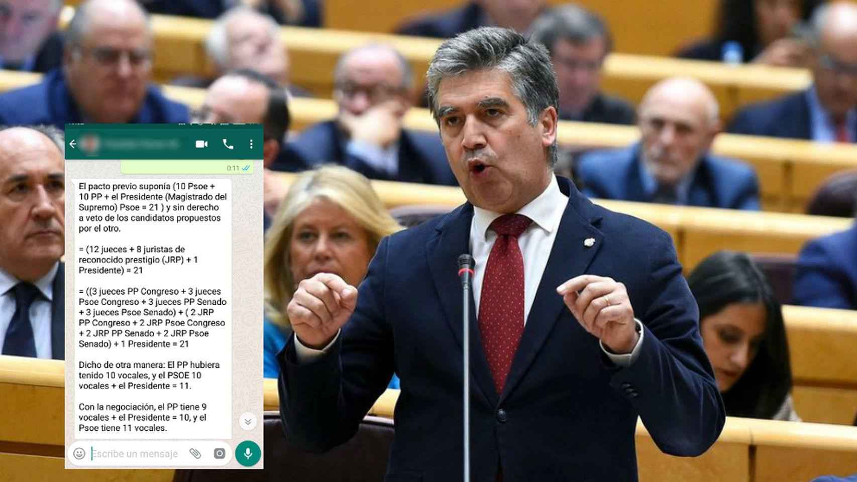 Ignacio Cosidó junto a una representación del whatsapp que ha enviado a los senadores del PP y contra quien carga Torra / EL ESPAÑOL