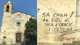 La pancarta por los políticos presos que el párroco dejó colocar a los CDR y la pintada que pide la despolitización de la Iglesia de Sant Fructuós de Pals / CG