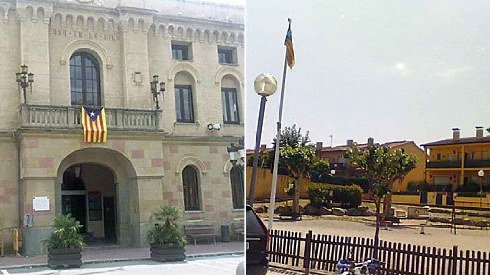 'Esteladas' en el Ayuntamiento de Vilassar de Dalt (izquierda) y en un parque público de Santa Eulàlia de Ronçana