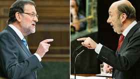 El presidente del Gobierno, Mariano Rajoy, y el líder del PSOE, Alfredo Pérez Rubalcaba, durante el debate sobre el estado de la nación