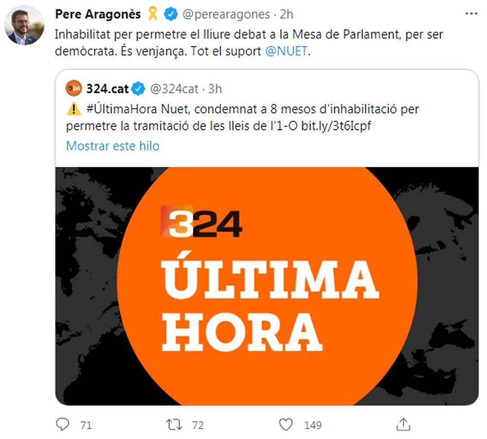 Pere Aragonès, criticando la inhabilitación de Nuet en su perfil de Twitter