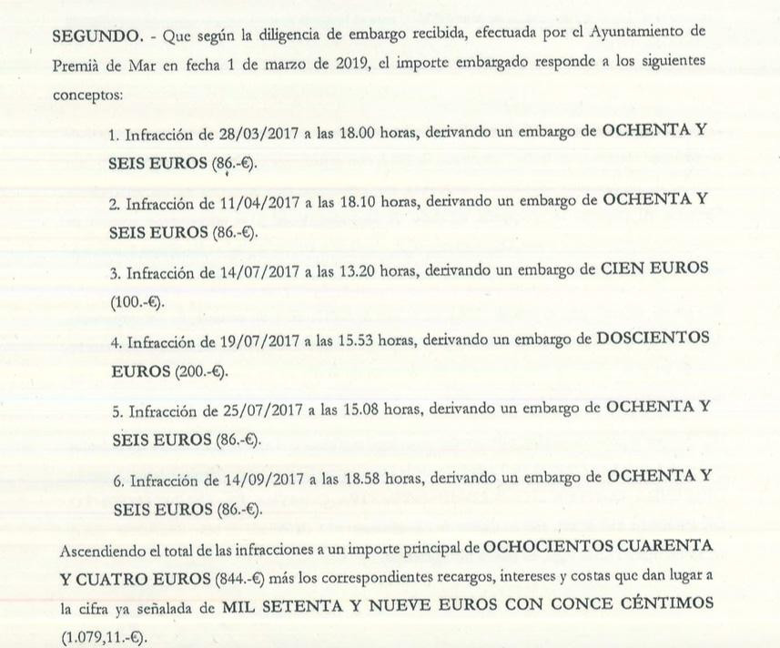 Listado de embargos que Albert, un vecino de Premià, ha presentado ante el juez de lo Contencioso / CG