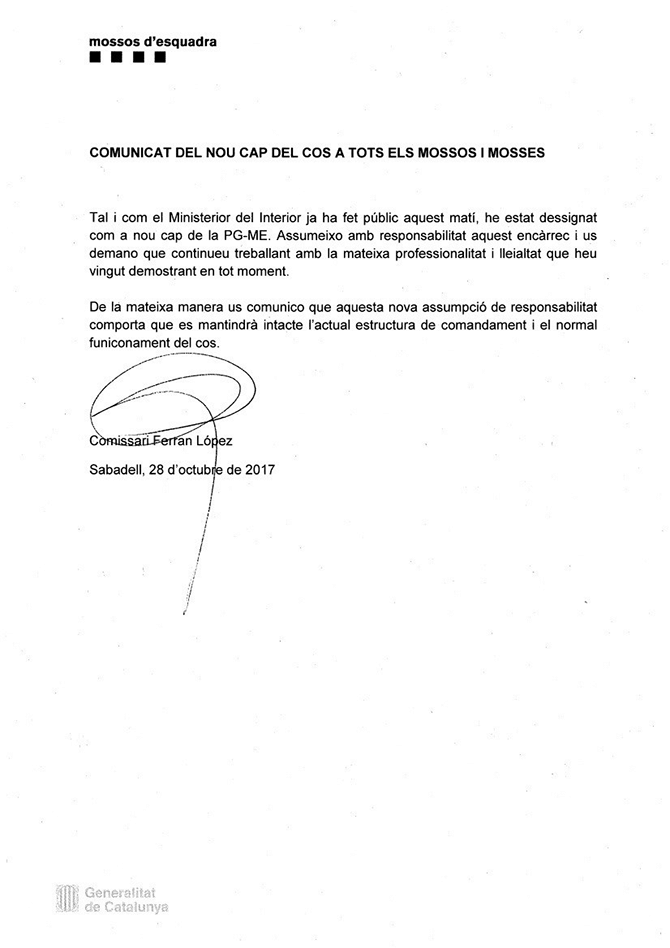 La carta que el comisario Ferran López ha enviado a los agentes de los Mossos d'Esquadra / CME