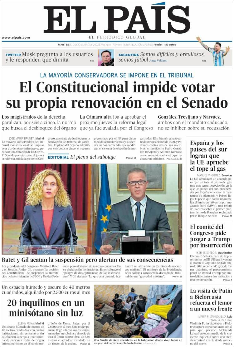 Portada de 'El País' del 20 de diciembre de 2022