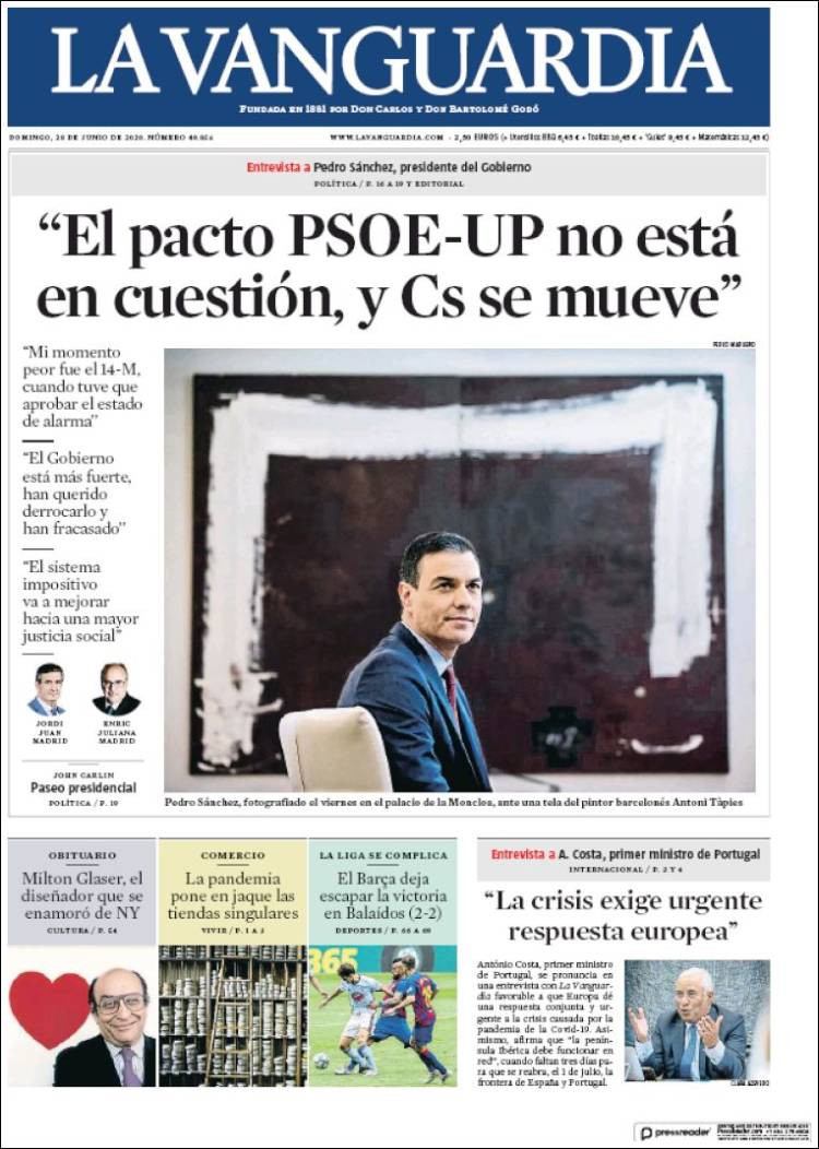 Portada de La Vanguardia del 28 de junio de 2020