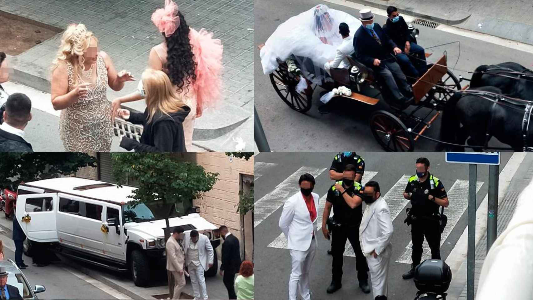 Cuatro instantes de la boda en la calle en Sant Adrià de Besòs el domingo, en plena pandemia / CG