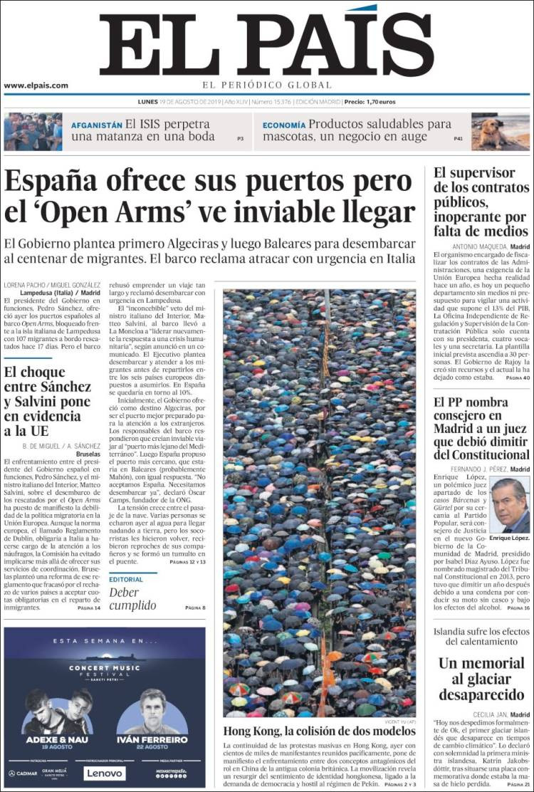 Portada de 'El País' del lunes 19 de agosto