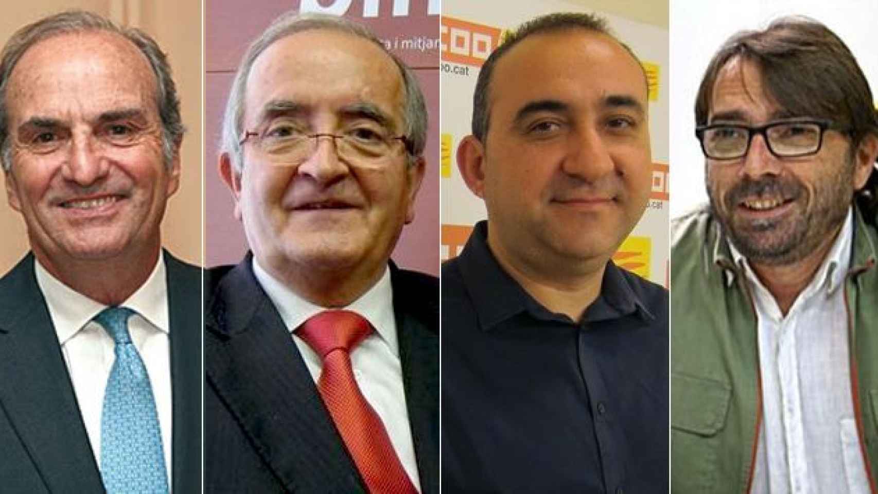 De izquierda a derecha, los líderes de las patronales y sindicatos catalanes: Joaquim Gay de Montellà (Foment del Treball); Josep González (Pimec); Javier Pacheco (CCOO de Cataluña); y Camil Ros (UGT de Catalunya) / FOTOMONTAJE DE CG