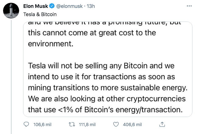 Elon Musk anuncia que Tesla dejará de aceptar Bitcoins / TWITTER