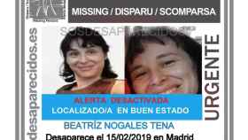 Aviso de S.O.S Desaparecidos de Beatriz Nogales Tena, la chica desaparecida en Madrid que ha sido encontrada sana y salva / S.O.S DESAPARECIDOS