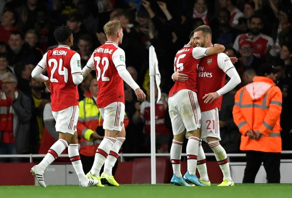 Martinelli celebrando un gol con sus compañeros del Arsenal / EFE