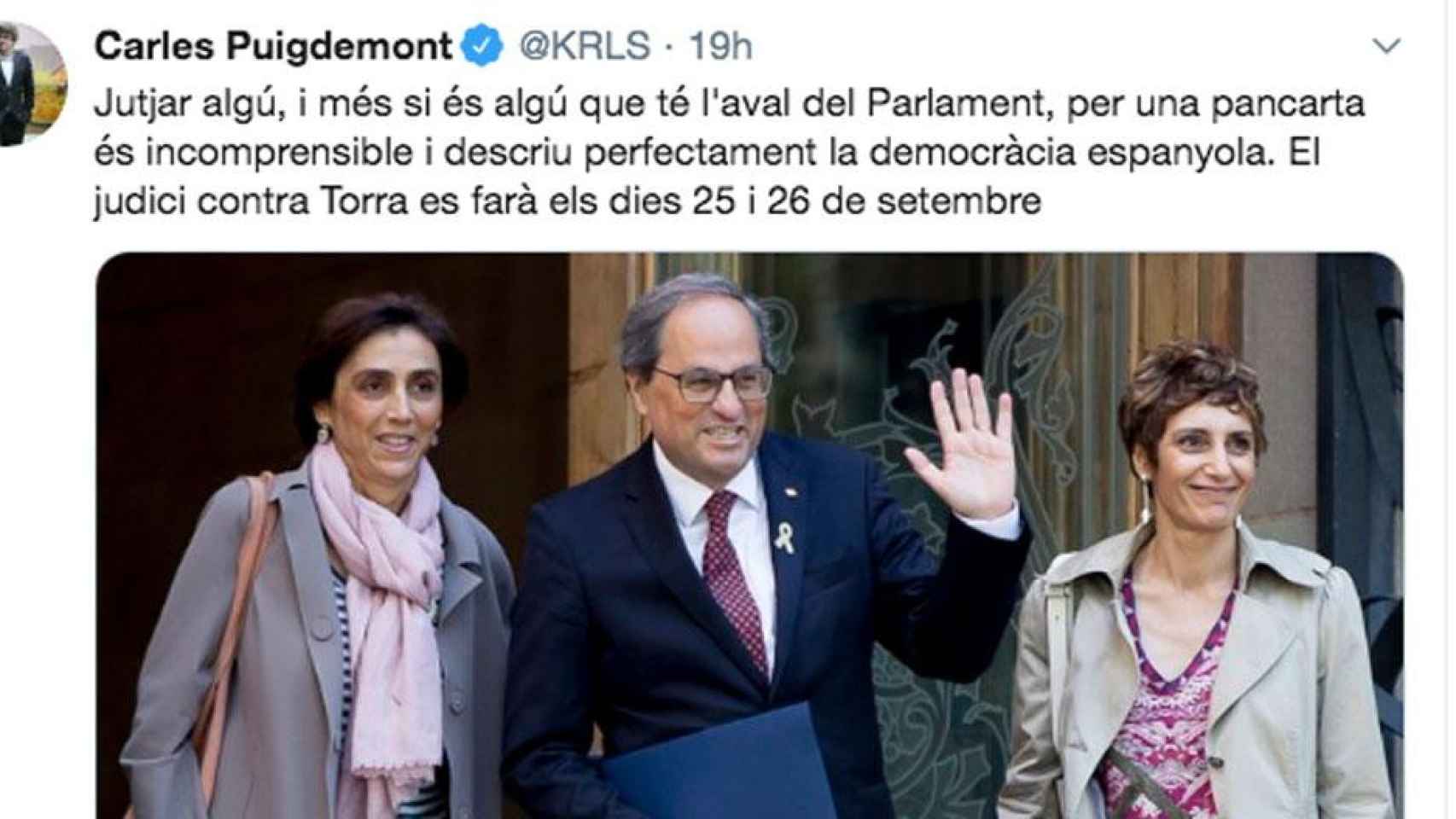 Captura del mensaje de Carles Puigdemont sobre Quim Torra / TWITTER