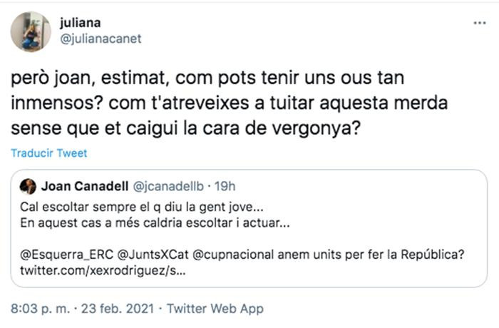 Respuesta de Juliana Canet a Joan Canadell en Twitter