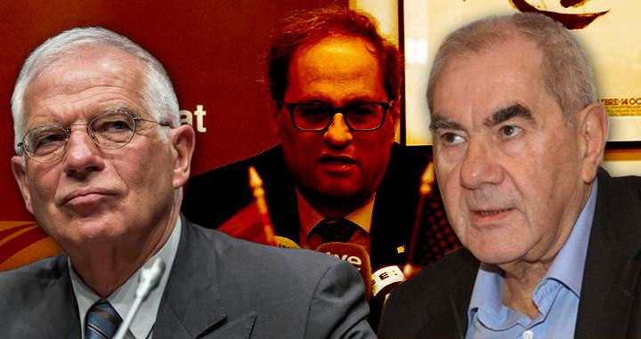 El ministro de Exteriores, Josep Borrell (i); el presidente catalán, Quim Torra (c), y el 'conseller' de Acción Exterior, Ernes Maragall (d) / FOTOMONTAJE DE CG