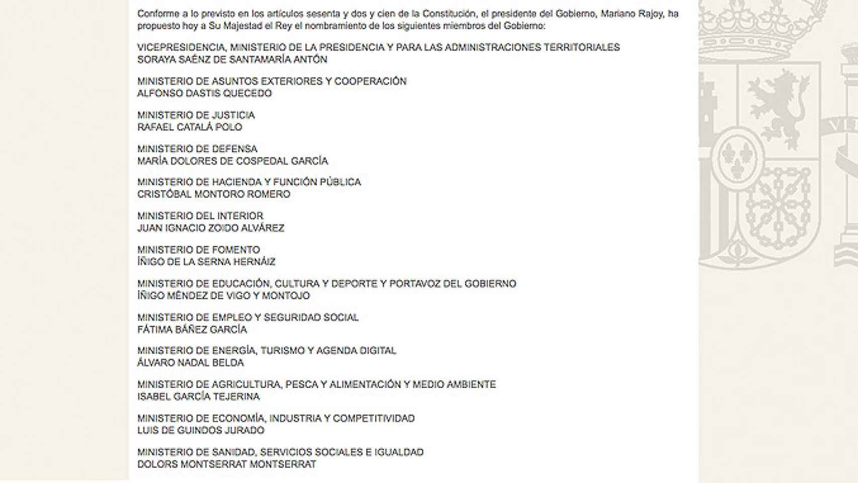 Listado de los nuevos miembros del Gobierno español / CG