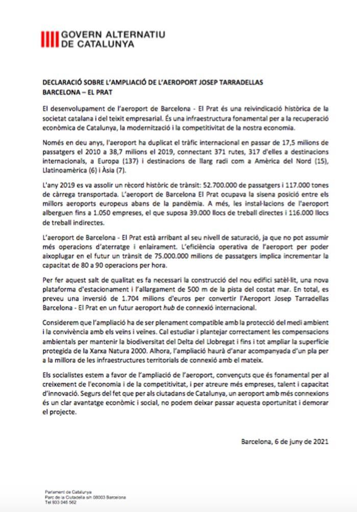 Declaración del PSC sobre la ampliación del aeropuerto de El Prat