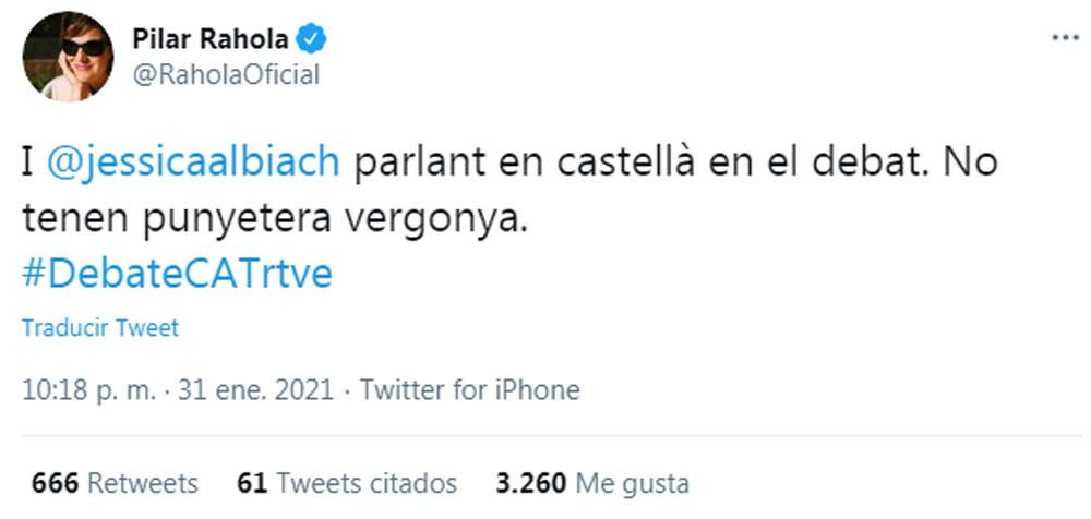 Rahola, criticando a Jéssica Albiach por hablar en castellano en TVE / TWITTER