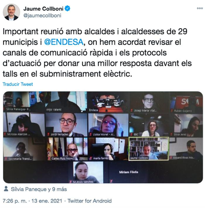 Tuit de Jaume Collboni sobre la reunión con Endesa
