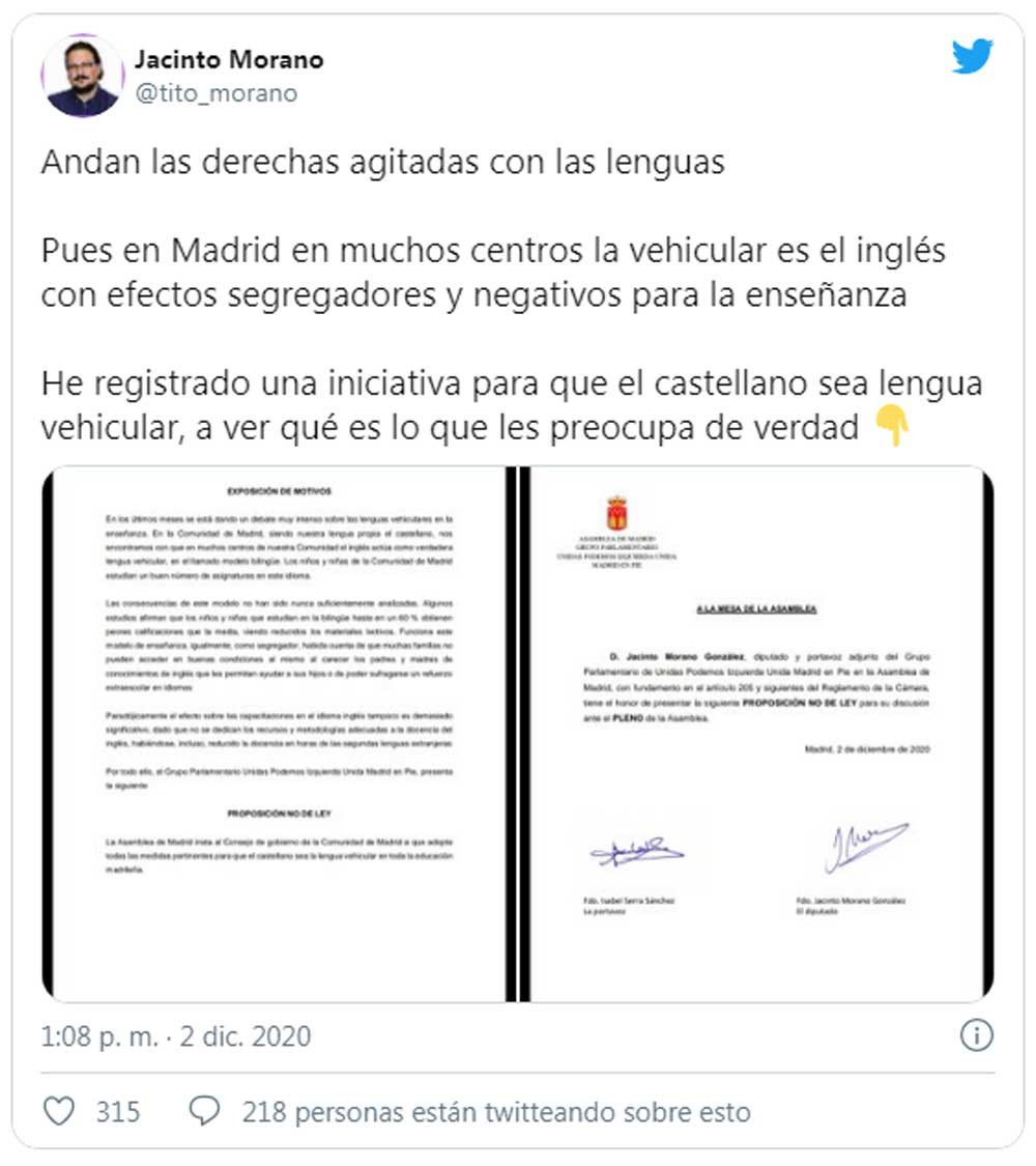 Tuit de Jacinto Morano, diputado de Unidas Podemos en la Asamblea de Madrid, pidiendo que el castellano sí sea vehicular, pero en Madrid / TWITTER