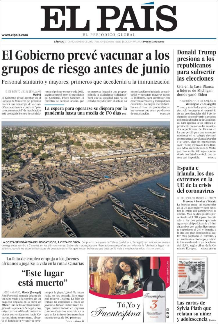 Portada de 'El País' del sábado 21 de noviembre
