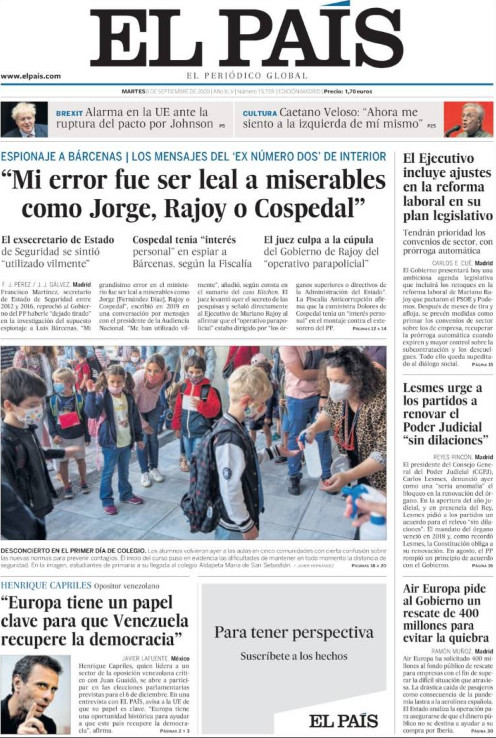 Portada de 'El País' del 8 de septiembre / KIOSKO.NET
