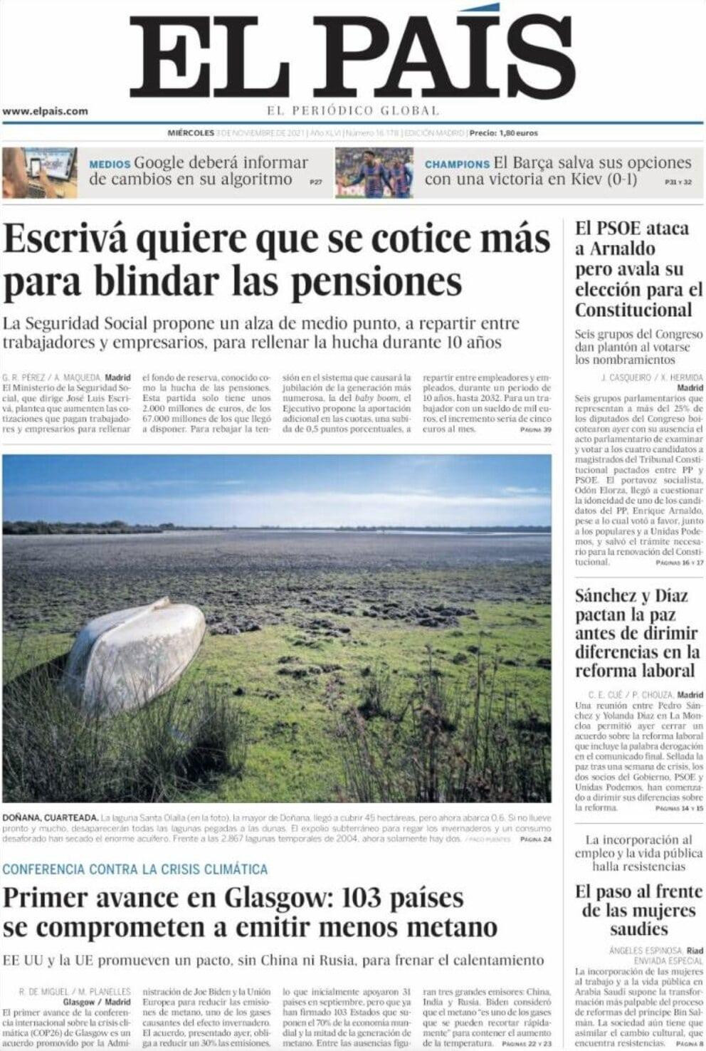 Portada del 'El País' del 3 de noviembre de 2021 / KIOSKO.NET