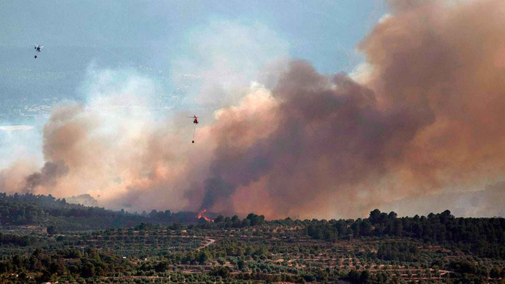 Vista del incendio de Tarragona desde la lejanía con varios efectivos aéreos / EFE