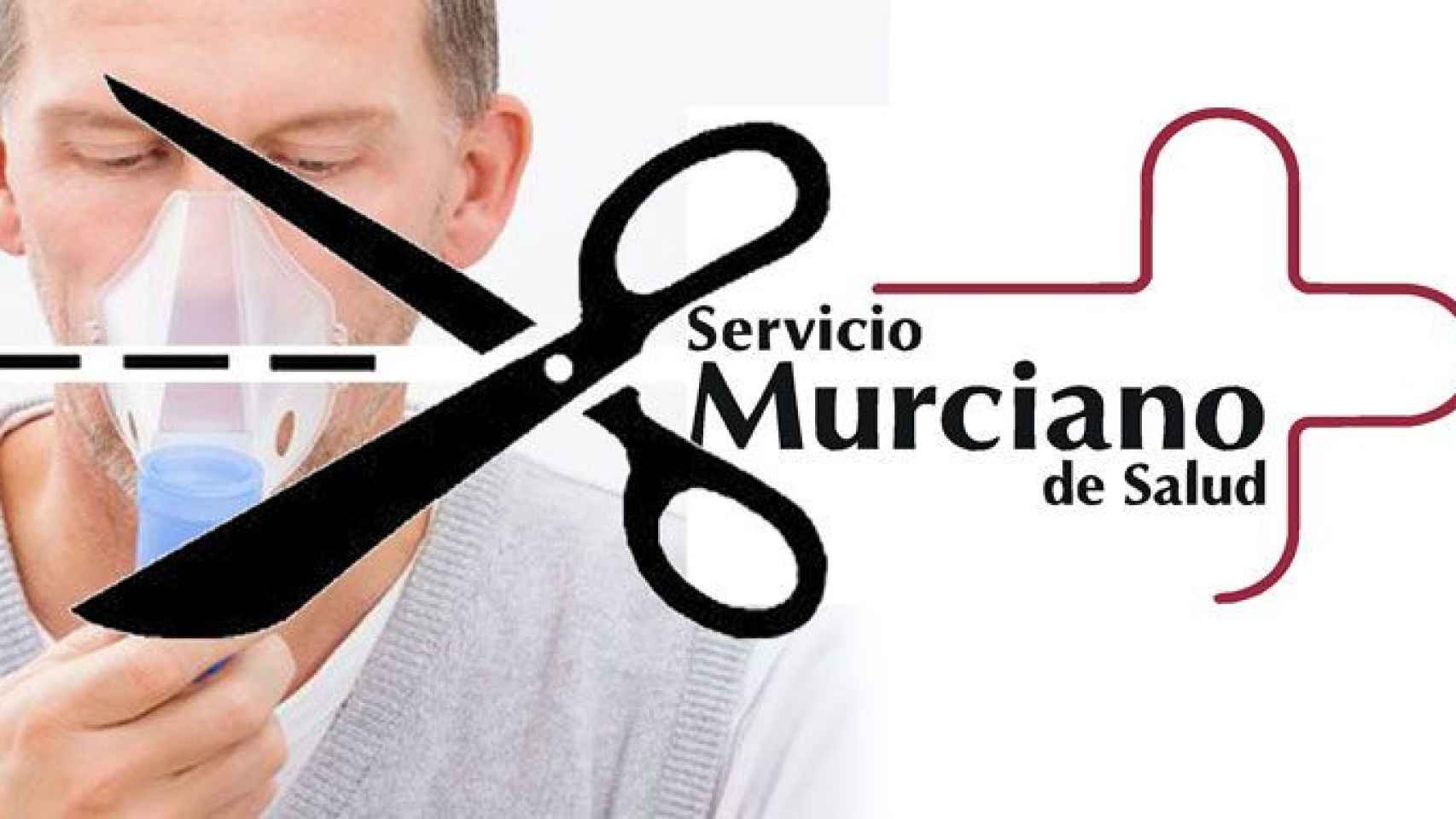 Un paciente de oxigenoterapia y el logo del Servicio Murciano de Salud con unas tijeras / FOTOMONTAJE CG