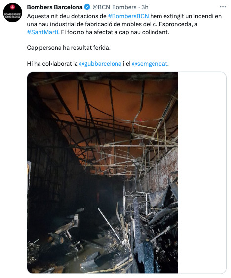 Los Bomberos de Barcelona informan sobre la extinción del incendio en su cuenta de Twitter / TWITTER