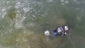 El hombre intenta salir del lago congelado en el que se ha hundido