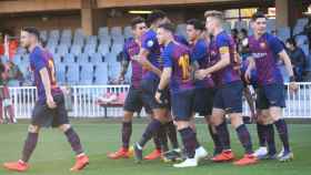 Los jugadores del Barça B celebrando un gol en el Miniestadi / FC Barcelona