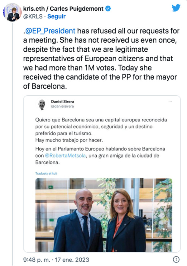 Tuit de Carles Puigdemont sobre la reunión de Daniel Sirera y Roberta Metsola