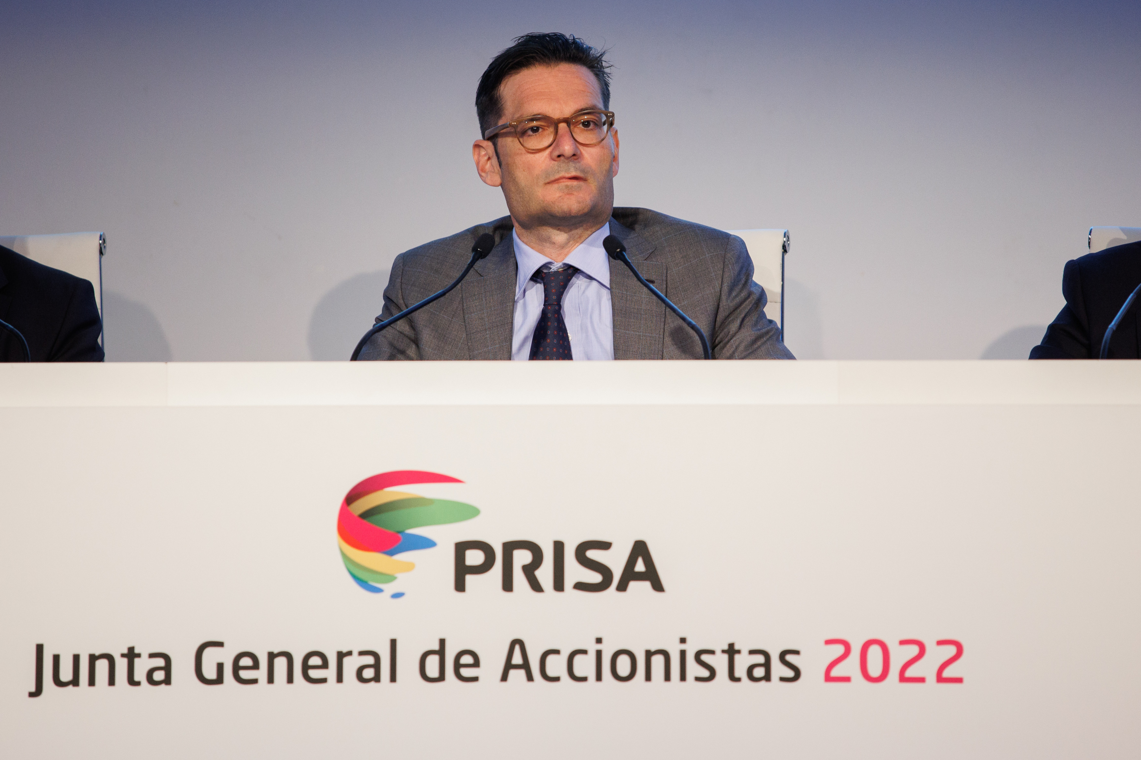 El presidente de Prisa, Joseph Oughourlian, durante la última junta de accionistas de la compañía / EP