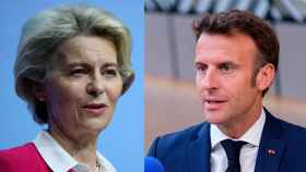 La presidenta de la Comisión Europea, Ursula von der Leyen (i), y el presidente de Francia, Emmanuel Macron, ambas organizaciones han reforzado sus garantías o reticencias respecto al proyecto MidCat / FOTOMONTAJE CG