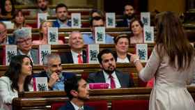 La consejera de Cultura, Laura Borràs, se dirige a los diputados de Ciudadanos en el Parlament, que muestran ejemplares de 'El Quijote' / EFE