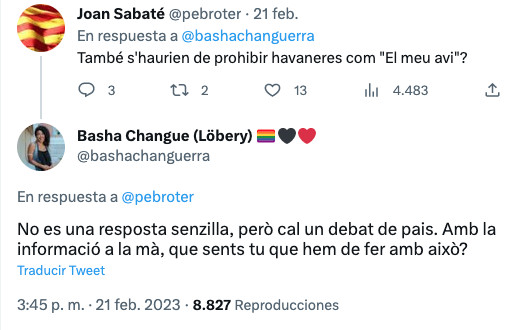 Basha Changuerra, diputada en el Parlament y candidata de la CUP a la alcaldía de Barcelona, planteando un debate de país sobre las habaneras / TWITTER