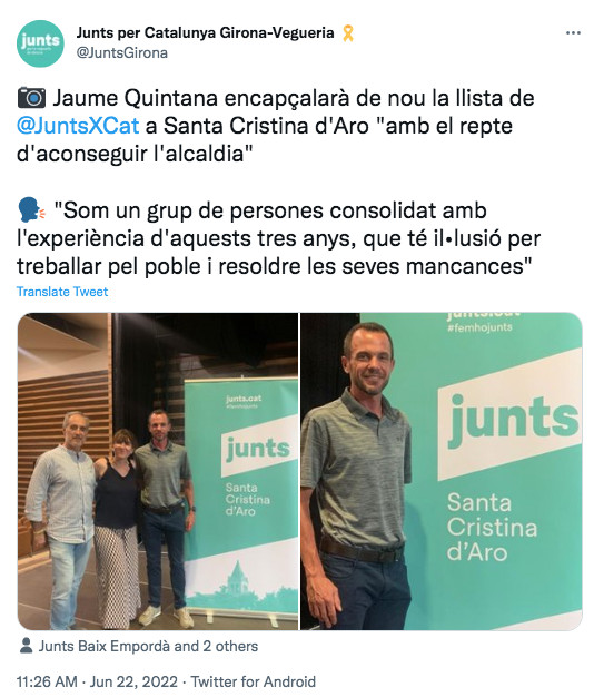 JxCat anuncia a Quintana como candidato para las municipales de 2023 / TWITTER