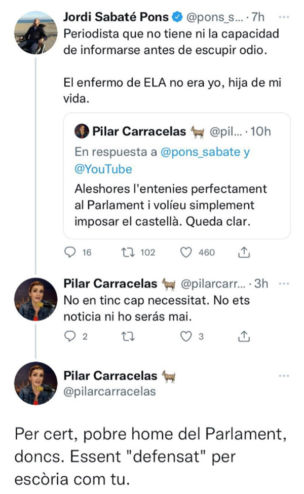Tuits de Pilar Carracelas contra un enfermo de ELA
