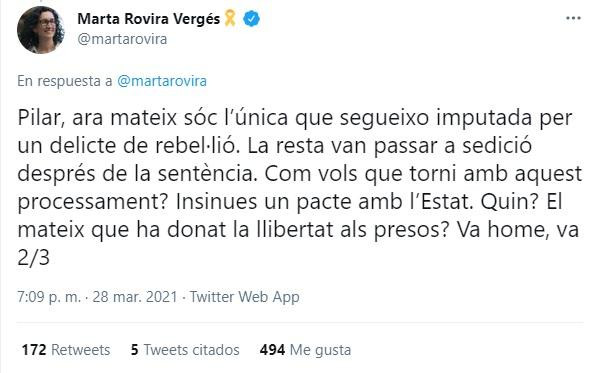 Marta Rovira responde a las acusaciones de Pilar Rahola / TWITTER