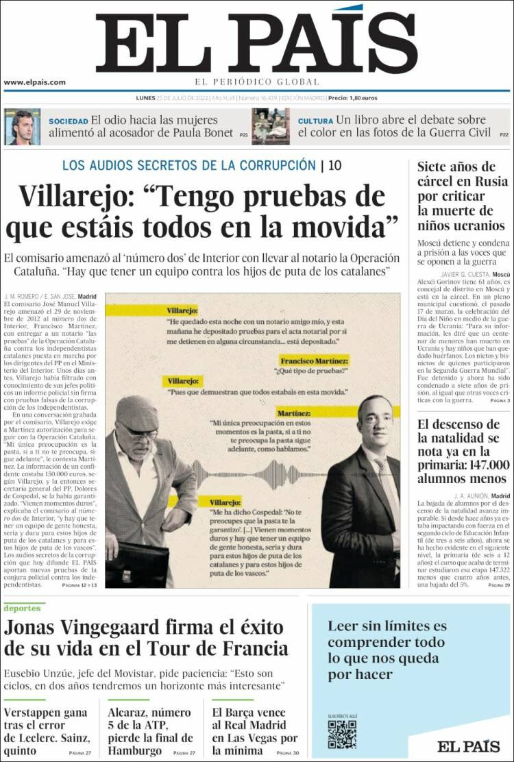 Portada de 'El País' del 25 de julio de 2022 / Kiosko
