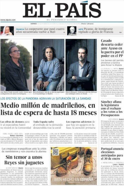Portada de 'El País' del 5 de noviembre de 2021 / KIOSKO
