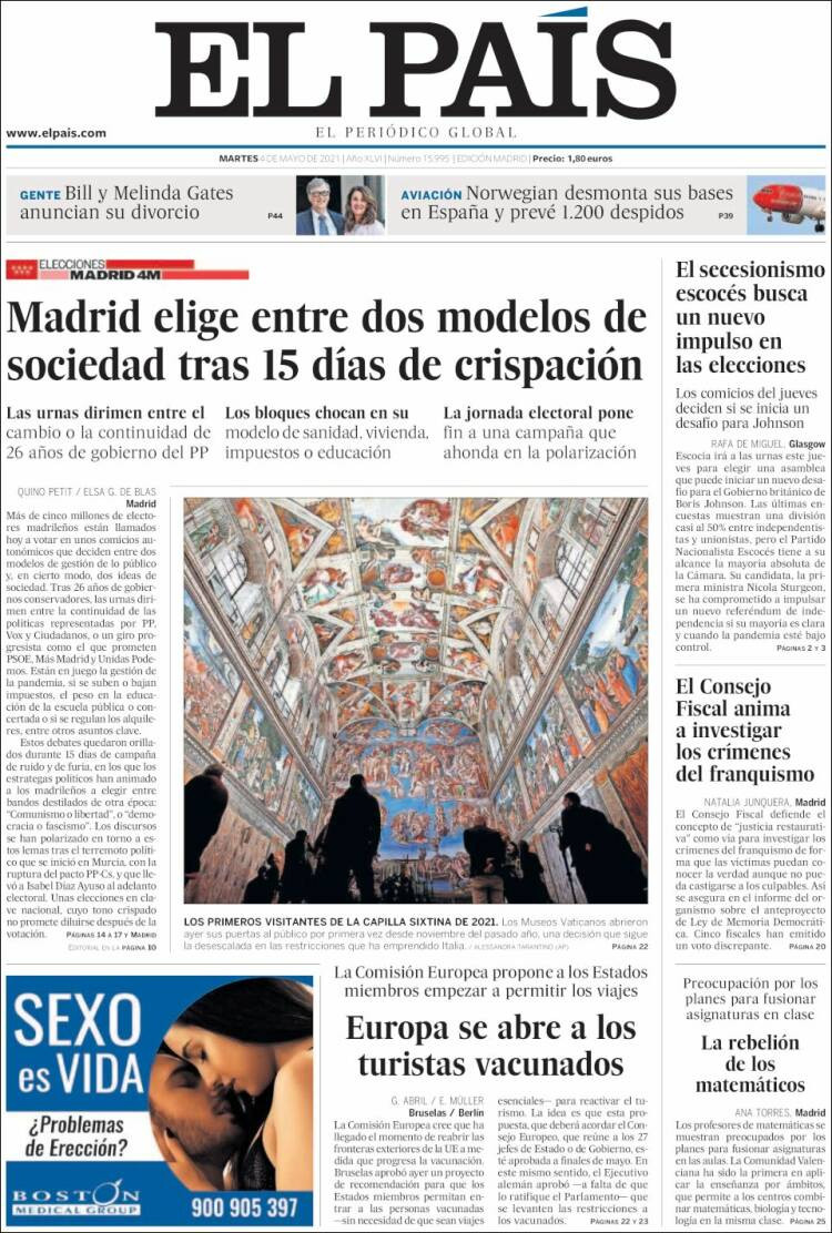 Portada de 'El País' del 4 de mayo de 2021 / EL PAÍS